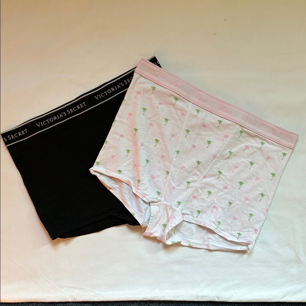 2 Victoria’s Secret Pink High Waist Boyshort Size L NWOT Black White Palm Trees